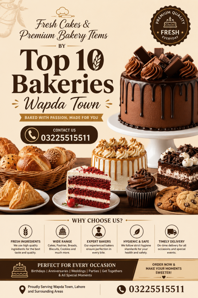 Best bakeries in Lahore offering fresh cakes, pastries, desserts, and customized bakery items in Wapda Town Lahore