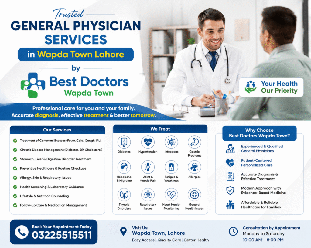 Experienced general physician providing healthcare consultation and family medical services in Wapda Town Lahore