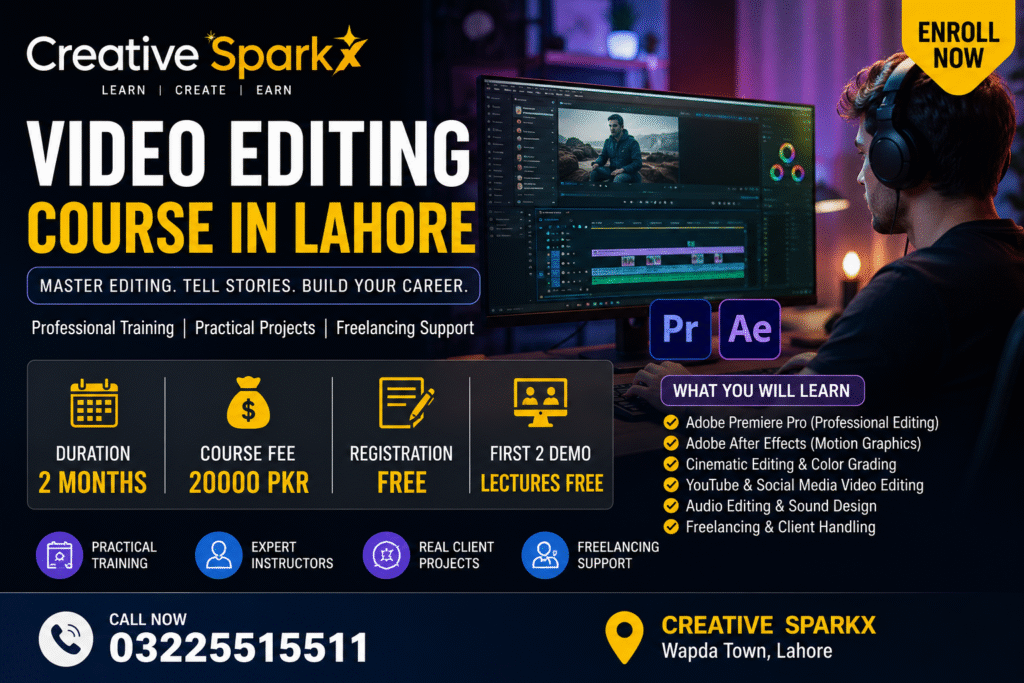 Students learning professional video editing course in Lahore at Creative Sparkx Wapda Town using Adobe Premiere Pro and After Effects.